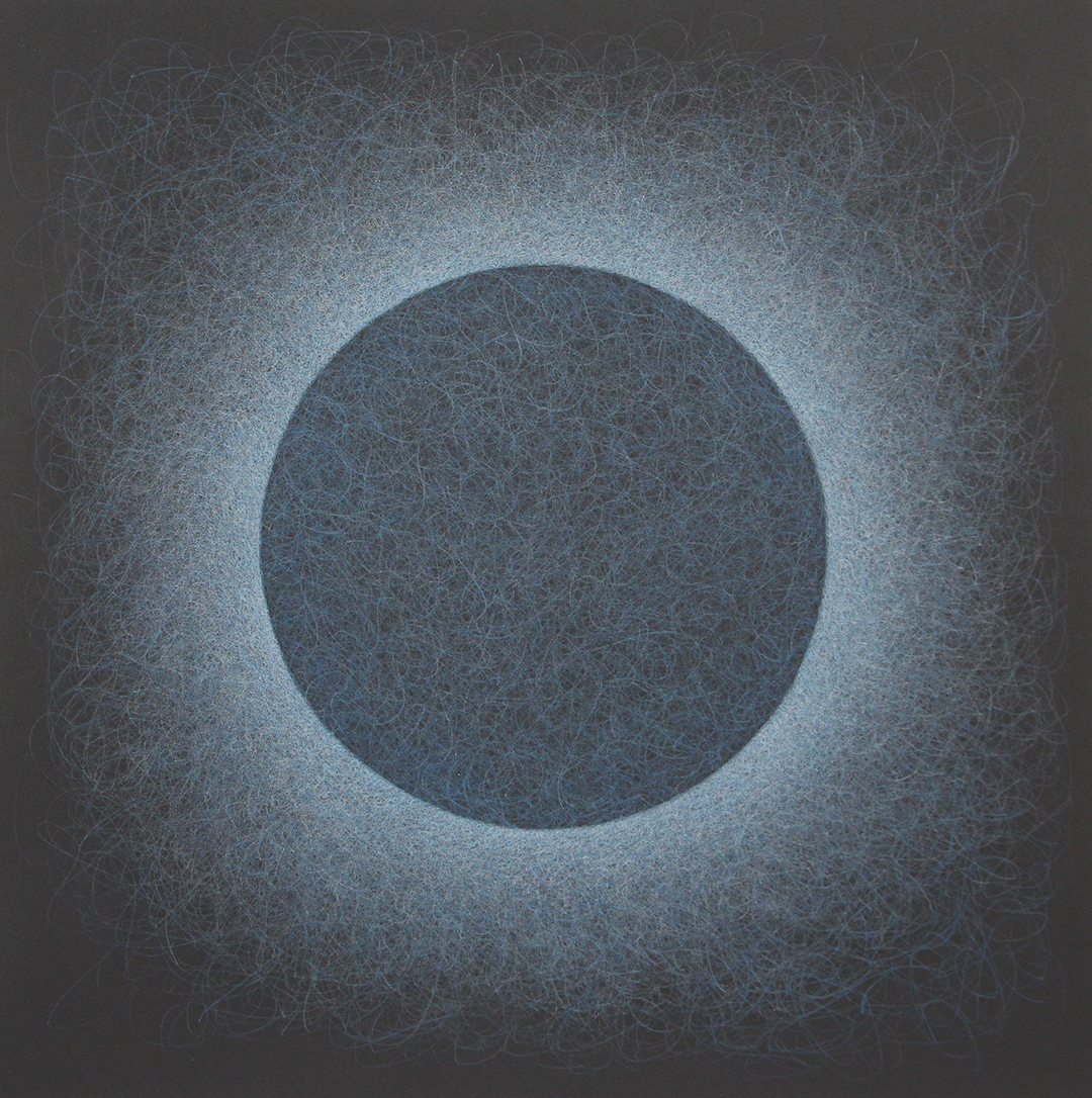 Quantum Entanglement (Backlit Phthalo Blue Sphere), 2022, colored pencil on museum board, 20 x 20"