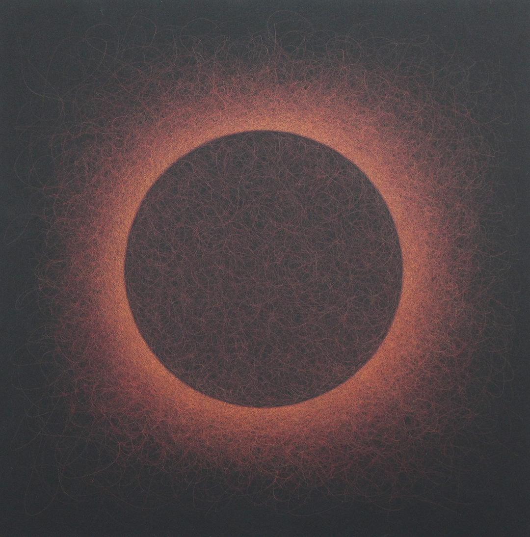 Backlit Red Sphere 2 , 2022, colored pencil on museum board, 20 x 20"